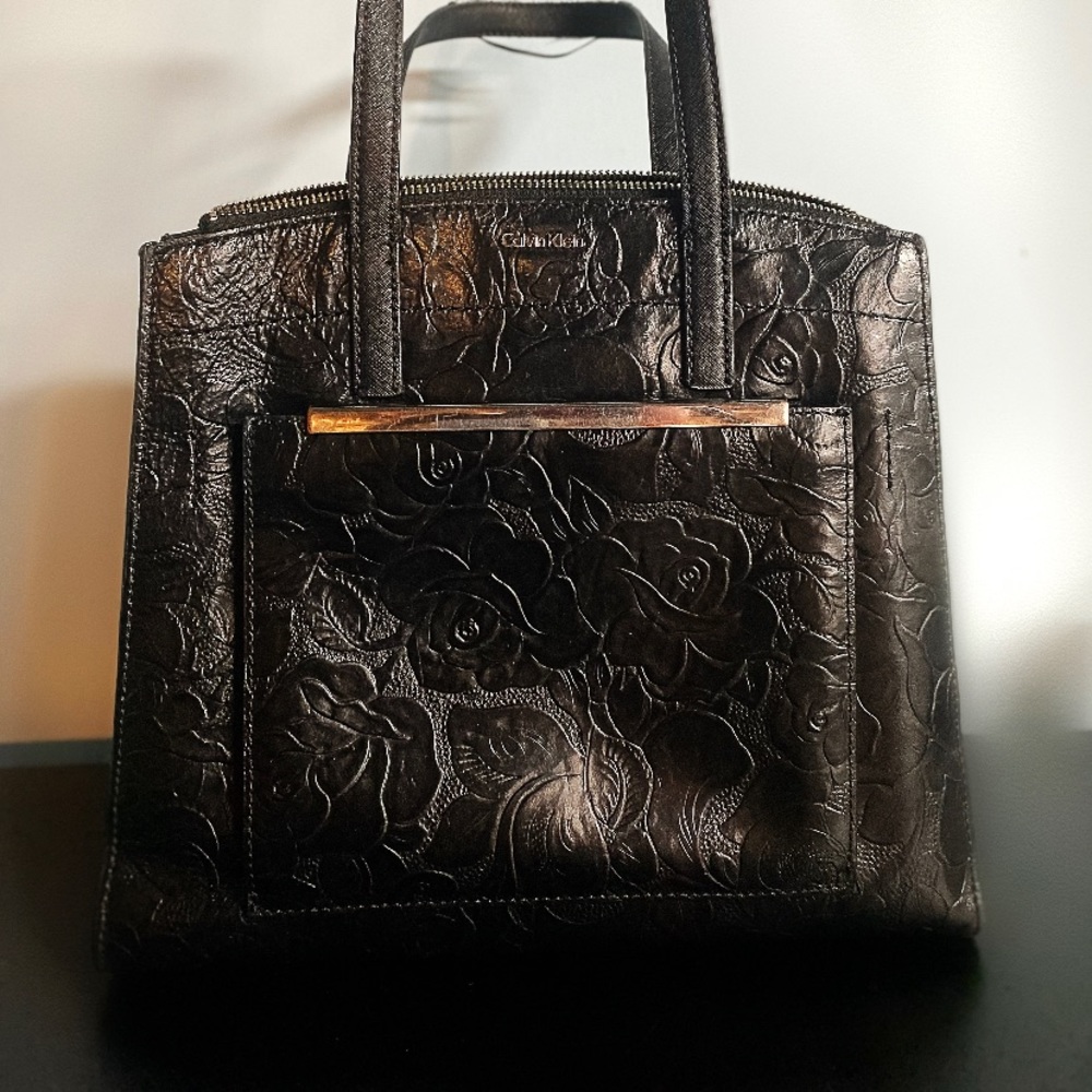 Calvin Klein black tooled rose handbag
